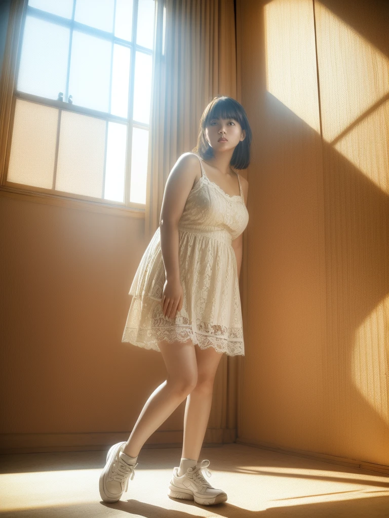 (angle from below:1.3), (wide photo shot:1.3), (High quality photo:1.5), 1women, a sweet japanese idol women with a warm expression in messy room with pile of old radios walls, (wearing lace slipdress:1.3), open legs, sneakers, (pretty chubby:1.1), 90s hairstyle with bangs, (natural sunlight:1.3), dramatic pose, (anatomically correct:1.2), (poetic photo style:1.3), realistic object, (ultra highly detailed:1.2), (realistic face and eyes:1.3), real skin, (sunlight and shadow:1.3), full body view, (sharp focus:1.2), shot by mamiya R67, kodacrhome, dynamic composition, Anatomically Correct, Accurate,