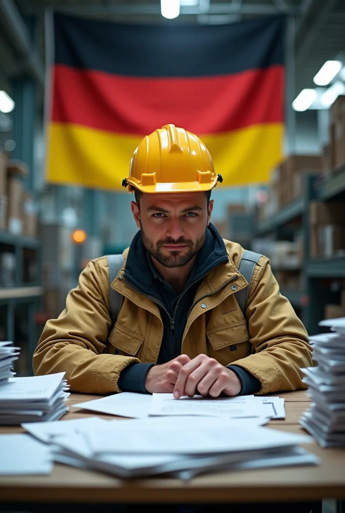 The electrical engineer in the factory is sitting behind the table in work clothes and a helmet, he is seriously working, he is looking down at the paper and the stack of bills, the German flag is behind him, he is looking at the table.