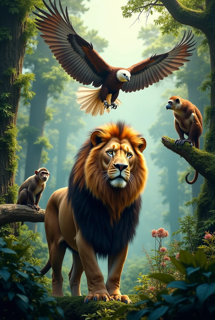 "A realistic, high-definition image for a CD cover featuring a majestic lion, an eagle flying high and a curious monkey, all in a dense, vibrant forest. The lion in the foreground. An eagle soars in the air with its wings fully spread, while the monkey is admiring the landscape on a branch, watching the scene. Lush green leaves and towering trees create a natural setting, framing the animals without compromising the details of the scene. each of them captures the textures of the lion, the eagle's feathers and the monkey's expressive features, all in contrast with the rich foliage of the forest, making it an engaging and dynamic scene."