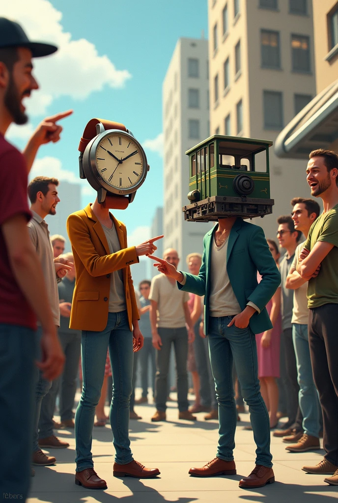 People laughing and pointing at sad Guy with big watch instead of face and sad guy with train instead of head