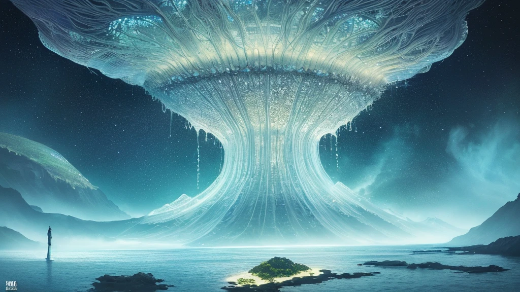 Photorealistic drone photo of a mountain slope mountainside in an alien jungle on the ocean shore. In the center of the picture is a women. She stepped on a lonely unknown planet, A certain visible and invisible oceans stretched before the eyes of the astronaut, boasting a variety of shades from turquoise to deep blue. Islands, covered with strange and magical trees, shone on the surface of the water, Like little gems. Kodak ektar film, 35mm photography, professional lighting, deep aesthetic, microscopic details, contemporary art, dreamlike surrealism, The scene is epic and mysterious, reminiscent of the X-Files, dreamy, ethereal, ultra-detailed, Strong contrast, Good depth of field, 8K wallpaper, Masterpiece, Aesthetic illustration in realistic style, Dark Clouds almost completely covered the sky, the air is very humid, urgently outside, In the background, huge, incomprehensible but interesting and exciting jellyfish-shaped capsules grow from the ground into the sky, alien structures look like jellyfish in the background