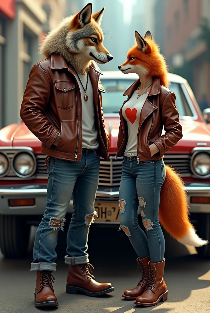 Draw a wolf with a leather jacket, jeans and brown boots and a fox in a jacket, heart blouse, jeans and boots near a Chevy Impala