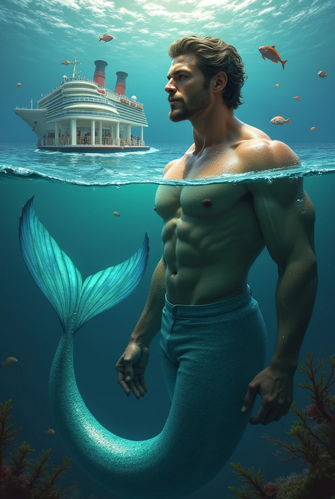 a very beautiful fearsome merman in water looking at the girl on girl on the cruise ship and show his half body and the tail part still submerged and he is fscing the ship

