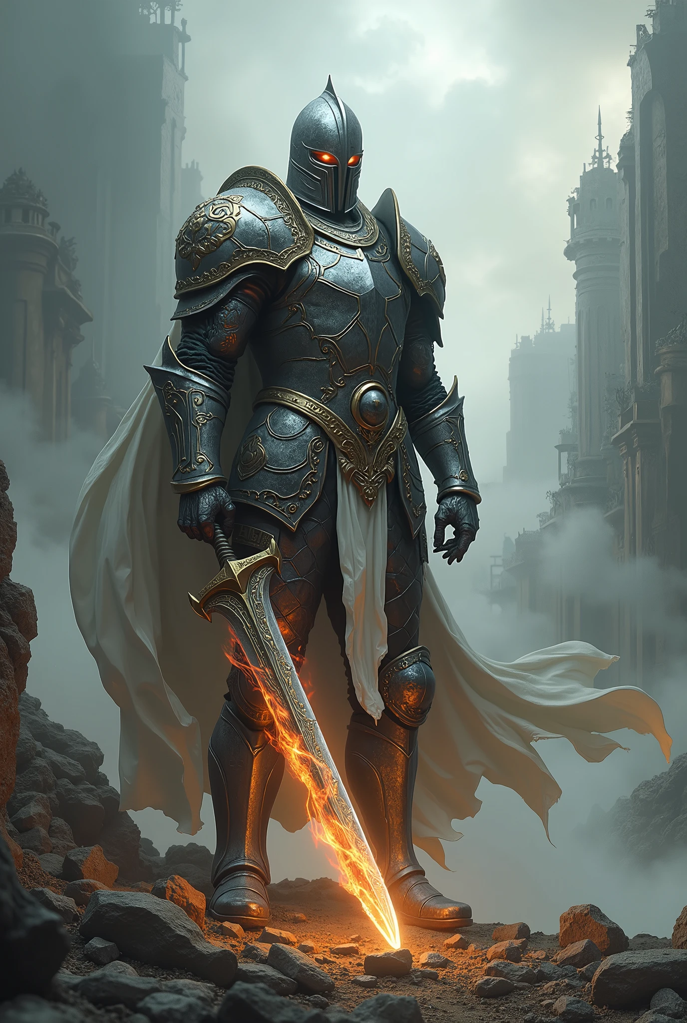 A lone warrior stands amidst ancient ruins, clad in full shimmering armor adorned with intricate designs. He holds a mighty sword with flames flickering along its blade, reflecting the fire in his determined eyes. Thick clouds swirl overhead in the stormy sky, adding a sense of impending battle to the scene. The warrior's helmet gleams under the cloudy sky as he grips the hilt of his sword, ready for the impending conflict. His armor, featuring imposing pauldrons and protective gauntlets, exudes a sense of strength and resilience against the backdrop of a desolate cityscape.