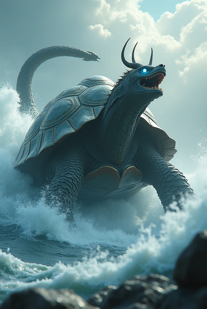Chinese style,chinese mythology,dragon turtle,tap,angular,((Turtle body)),Giant tortoise shell,(Heavy turtle shell:1.4),The snake's tail grows,has horns on his head,roar,feroz,gigantic,The eyes glow with blue light,the sea,huge waves,surrounded by cloud,medium shot the scene is,full body like, Highly detailed surreal VFX,OC rendering,