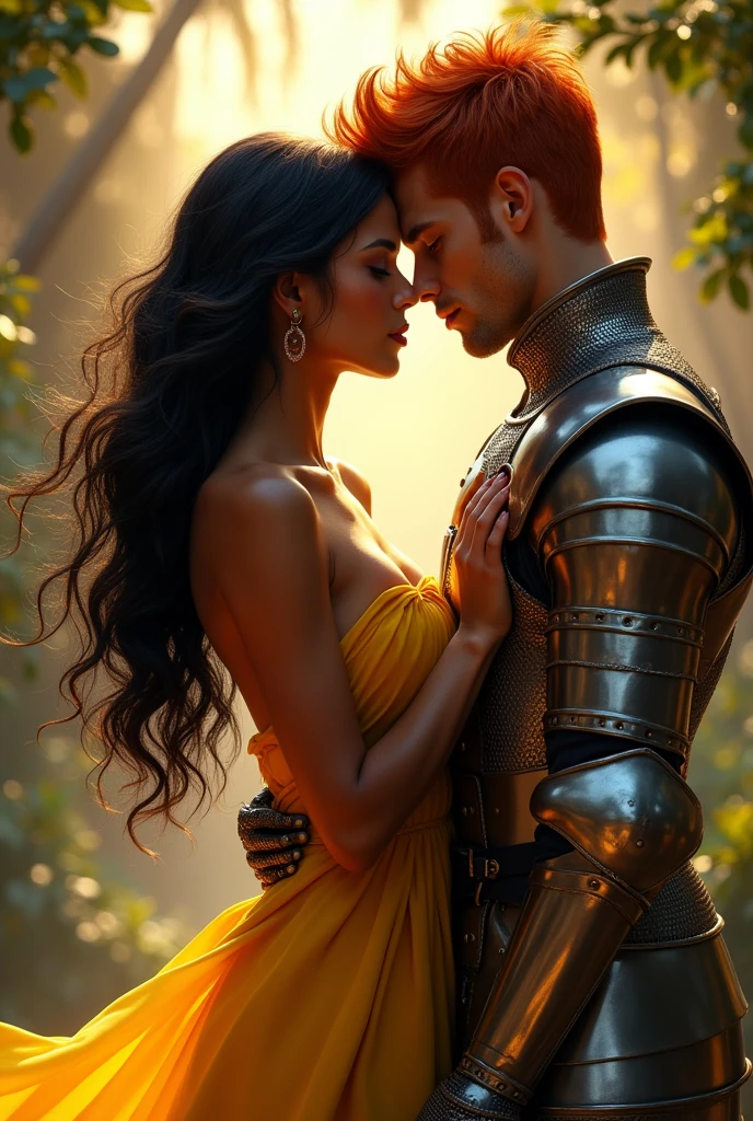 A provocative Brazilian woman, exuberante, dark skin and thick lips. Dark brown eyes and long black hair. Yellow flowy short dress, hugging a red-haired man, Jannik Sinner's hair, 1,80 tall, Body cute, dressed in a knight's outfit.