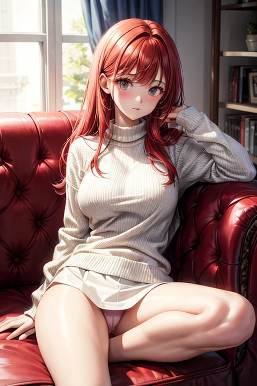 A girl,Red hair, busty, White sweater, without pants ,white underwear, closed legs, sitting on a sofa