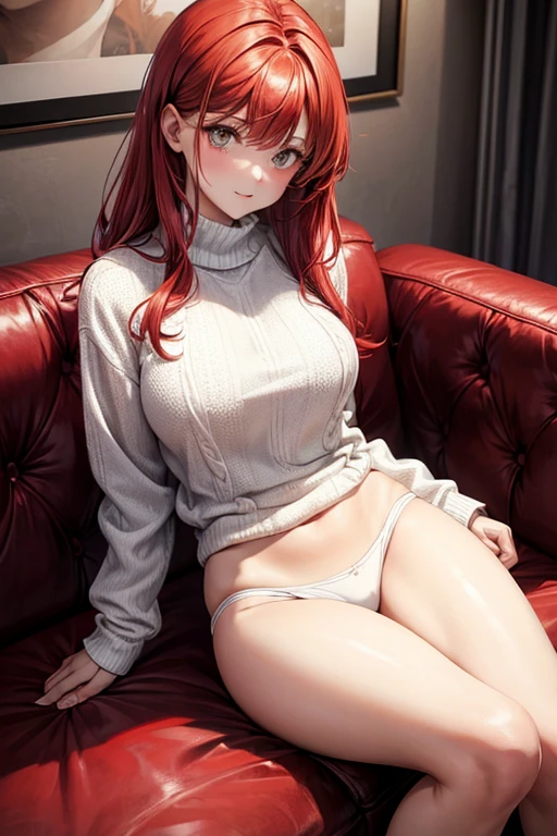 A girl,Red hair, busty, White sweater, without pants ,white underwear, closed legs, sitting on a sofa
