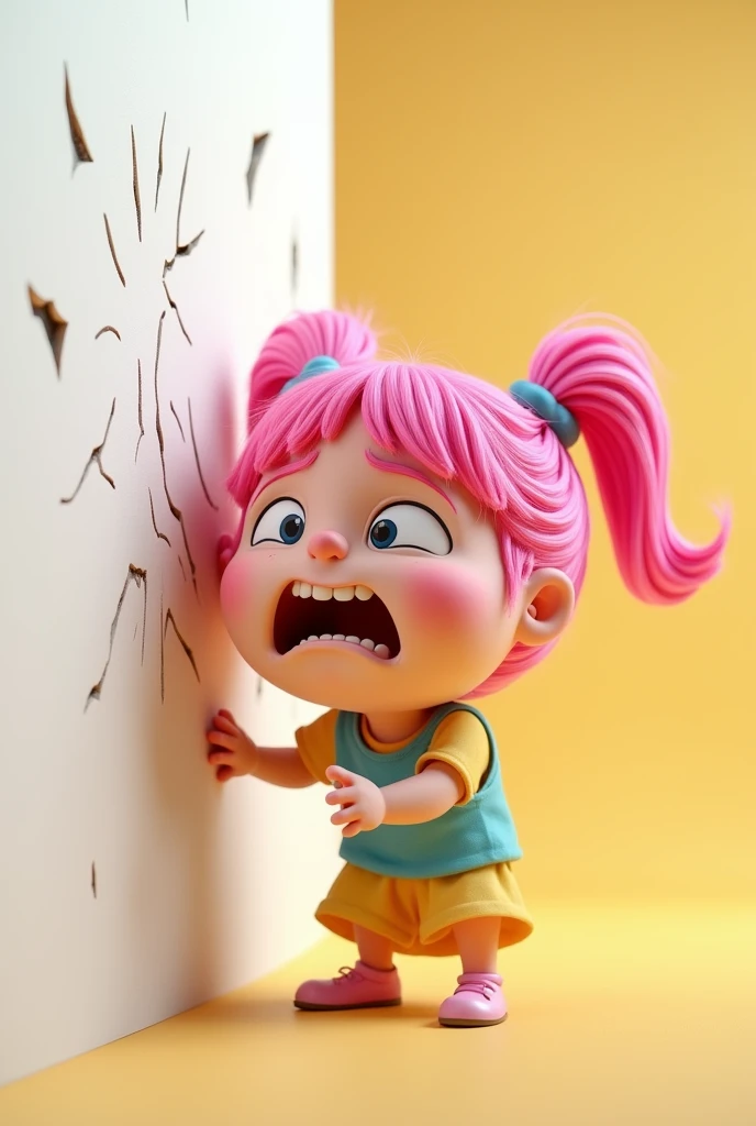 Cartoon of a girl with pink hair banging her head against a wall 3D