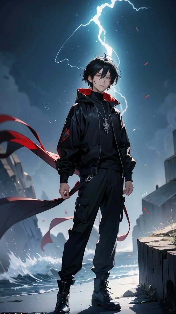 anime-style male character named Akira Yamada. He has medium-length black hair with a few silver streaks, symbolizing his mysterious nature. His eyes are a deep blue, resembling the ocean at night, and he has a slight scar on his left cheek. Akira stands at about 5'10" with a lean, athletic build. He wears a dark hoodie with a high collar, black cargo pants, and combat boots. Around his neck is a pendant with an ancient symbol. Akira has a quiet, reserved demeanor, is highly intelligent and strategic, and has a strong sense of justice. He prefers to operate from the shadows and is often seen as cold and distant, but he has a soft spot for those he cares about. As a former member of an elite group of warriors who protect the balance between the human world and the supernatural realm, Akira now works alone as a vigilante, seeking to uncover the truth behind a tragic event in his past.