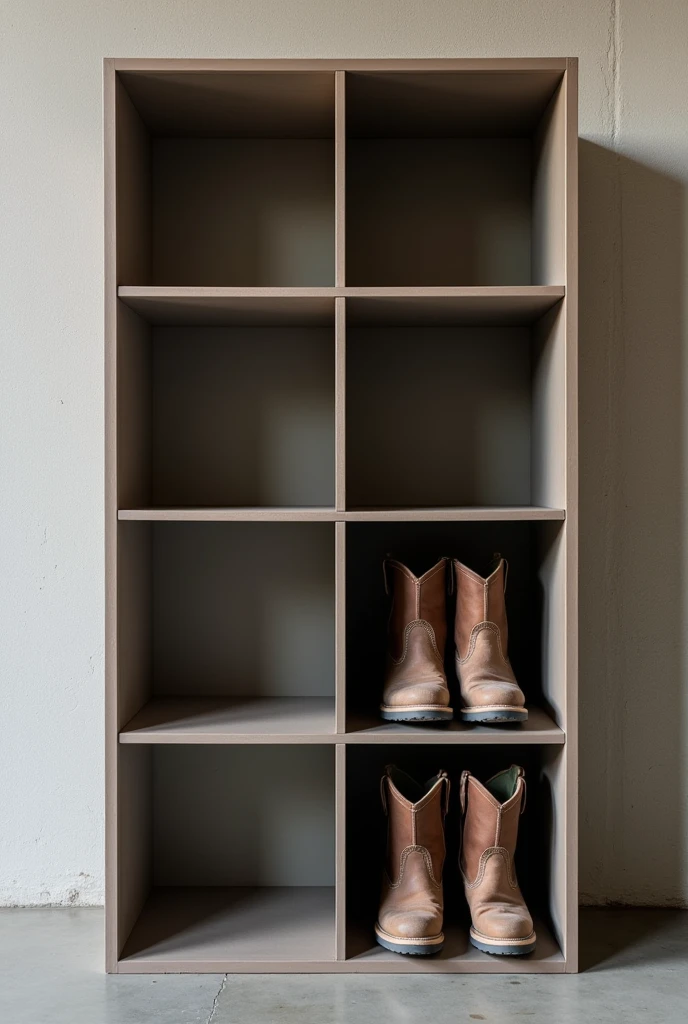 Melamine shelf with square shelves so that a pair of men's industrial boots could fit inside, just give me the shelf