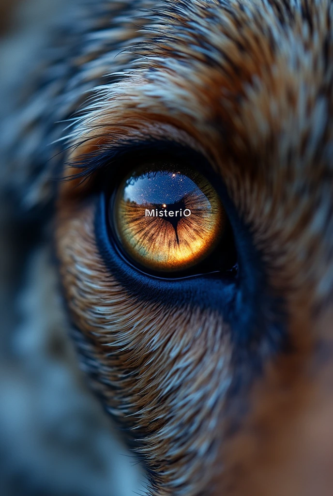 Hiperrealistic photo of a Coyote having an especial focus in its eye, direct frontal view. Detailed iris and pupil. Sharp focus on eye texture and color. Natural lighting to capture authentic eye shine and depth. The word "MISTERIO" is written inside the eye as a reflect of that word that is written in the sky and in the background of that sky you can see the universe with stars, and big colored nebulas.