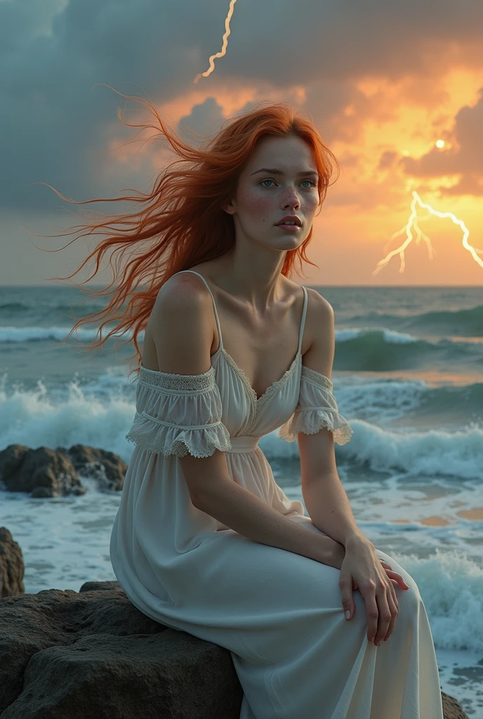 (photorealism:1.2), photographic portrait of a beautiful young slim woman with red hair blowing in the wind and blue eyes, with pale complexion and a little freckles on the face, sitting on a rock washed by the sea waves, by a very rough sea at sunset with colorful light clouds and lightning bolts in the sky, with a white dress and intense look