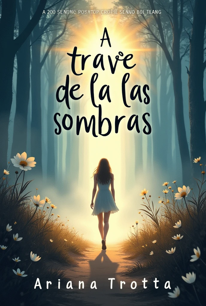 Description for the Creation of the Book Cover:
Book Title: A través de las sombras
Author: Ariana Trotta
Theme and Atmosphere:
Theme: Shadows and light, with a message of hope and renewal through the personal journey of a young woman.
Atmosphere: The cover should evoke a sense of transformation and optimism. Although it presents elements of darkness, light and bright colors should dominate to convey hope and resilience.
Composition and Layout:
Background: Choose a background that gradually transitions from dark tones to lighter ones, like a night sky that brightens toward the horizon. Use colors such as dark blue fading into soft blue or pale pink.
Central Element: Represent a young woman as the central figure, advancing along a path or toward a bright light. The woman can be depicted in silhouette or with delicate details, walking toward the bright horizon or through a landscape that is becoming illuminated.
Additional Details: Include elements like a sunrise or rays of sunlight breaking through the shadows, symbolizing hope and overcoming difficulties. You can add details like blooming flowers or a light mist illuminated by sunlight to emphasize rebirth and hope.
Title and Text:
Title: A través de las sombras - Positioned prominently, at the center or top of the cover. Use an elegant and luminous font, such as a refined serif or modern calligraphy, with light colors that contrast with the background (e.g., gold or silver).
Author's Name: Ariana Trotta - Positioned in a smaller size, preferably at the bottom of the cover. Use a simple yet elegant font that harmonizes with the title.
Colors and Style:
Main Colors: Dark tones of blue and gray blending with lighter tones of soft blue, gold, and white. This contrast should represent the passage from darkness to light.
Style: The design should be bright and inspiring, with a strong but positive visual impact. Maintain a balance between elements of shadow and light to reflect the message of hope.
Design Elements: