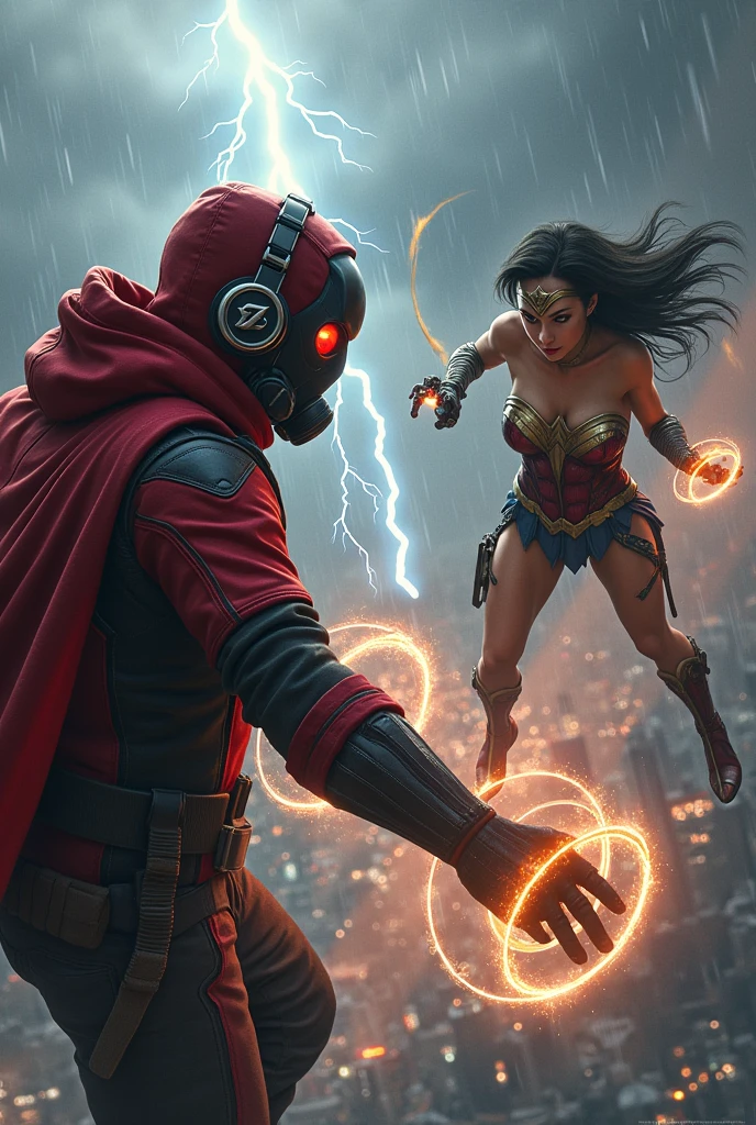 Young Star-lord with red hoodie, headphones, star-lord helmet, gas helmet, covered mouth, round red eyes, Red eyes, magic rings in the hands and rocket boots & Wonder Woman, vs. Deadpool, Fighting, power, fiction, full body, magic lasso, hight, fall, fire in boots, poweful spells, realistic, helmet, mask, red cape, confrontation, punch, gun, flying in the sky, view of the city from above, rain, fighting over the spell book, Black gloves, ocean floor, face cover, free hair, front cover