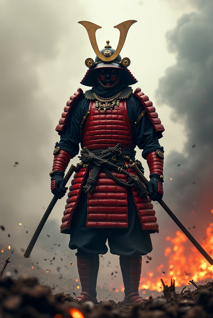 Create a realistic samurai using a Kabuto that covers his entire face, Red Yoroi with heads hanging from their waists in a war scene.