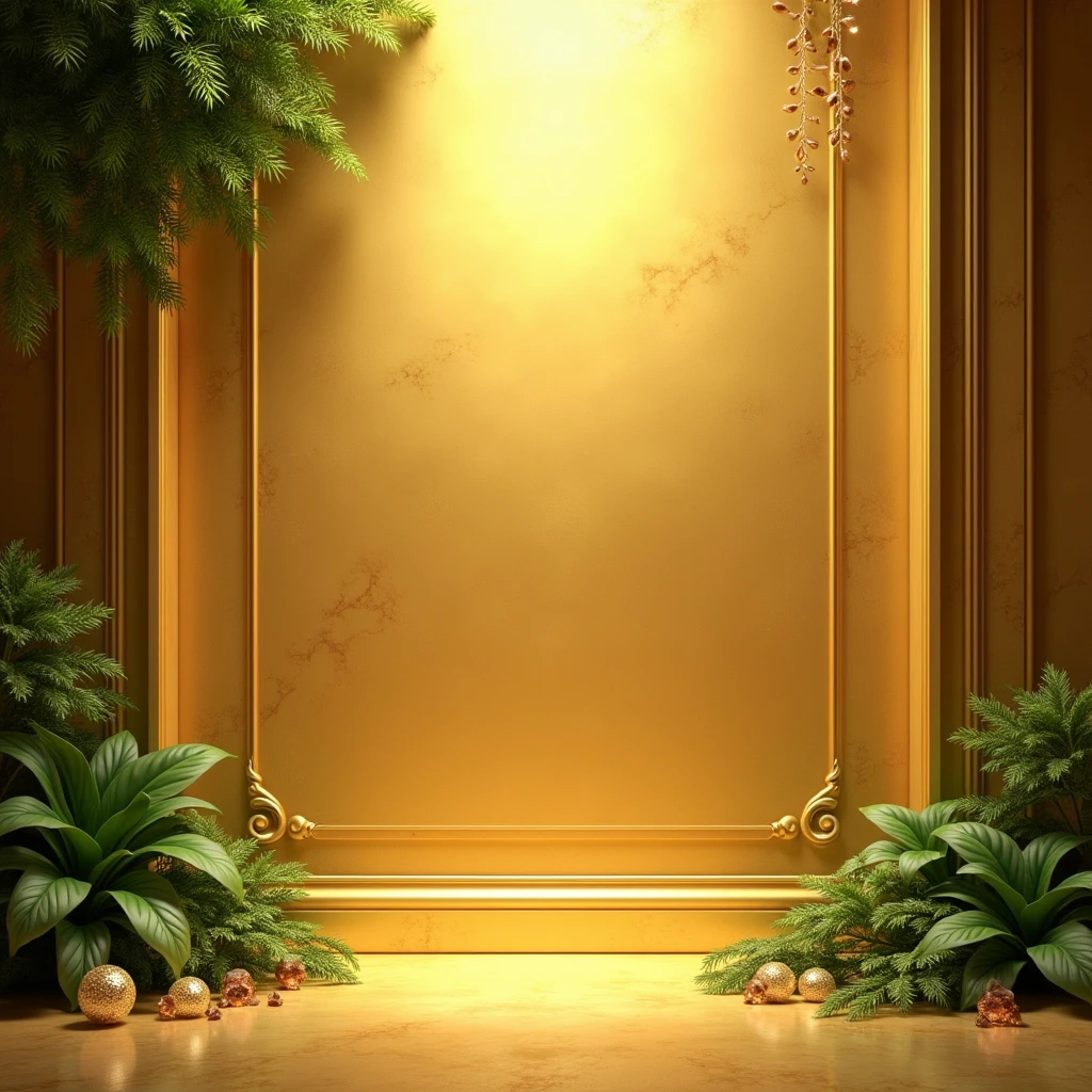 "Create a luxurious background with a soft, golden texture that exudes elegance. In the upper left corner, position a cluster of lush, green leaves. In the bottom right corner, add more green leaves intertwined with shimmering crystals. The overall scene should be realistic and well-lit, emphasizing the opulence and making it an ideal backdrop ."

