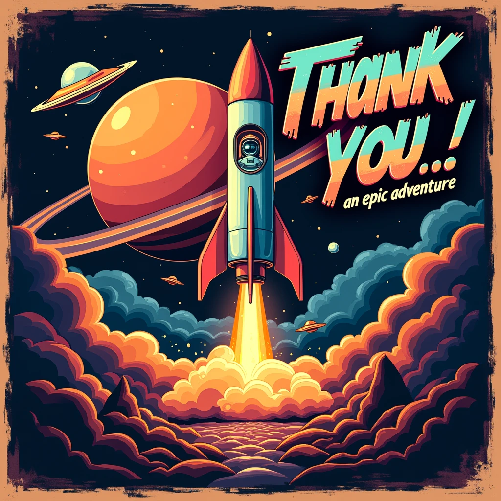 A design poster, (graffiti art, metallic letters, poster saying "50K"). Another medium text "OBRIGADO", "THANK YOU", "GRACIAS"). It features a classic rocket ship launching from an alien landscape with flying saucers, astronaut, and a ringed colorful planet in the background. The title is in bold, graffiti style typography with a catchy tagline, "An Epic Adventure". ((small tittle "GUSTAVO YABAI"))