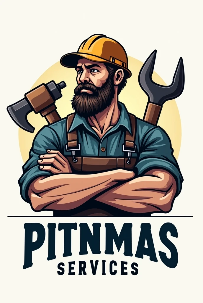 CREATE A LOGO FOR ME WHERE IT SAYS PITNMAS SERVICES AND IN THE MIDDLE THERE IS A MASTER BUILDER WITH TOOLS BUT IT SAYS SERVICES IN SPANISH