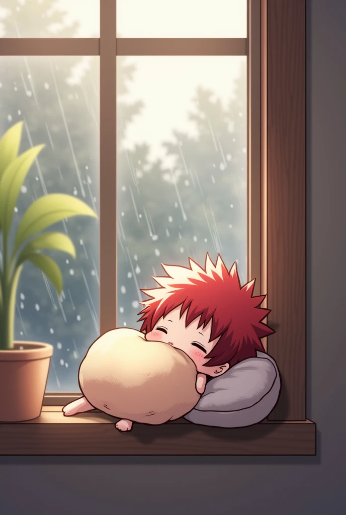 An image of the chibi Todoroki lying on a window sill where it was raining, sleeping hugging the pillow in a cute way.