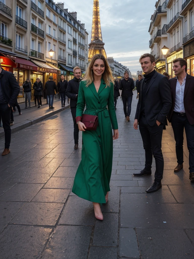 Huile, Habillé dans un style élégant, cheveux longs blonds, yeux verts, robe de soirée rose séduisante, se trouve devant la Tour Eiffel illuminée ou dans une rue pittoresque de Montmartre. L'expression de son visage est un mélange d'anticipation et de séduction, parfaitement capturé dans la lueur chaleureuse des réverbères parisiens. Des chaussures à talons rose, une sac blanc