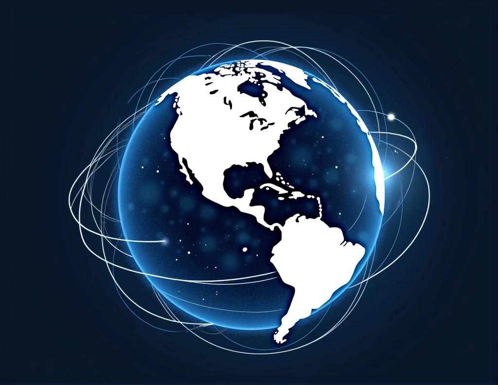 Logo of the planet Earth only in white and blue showing Mexico in the center and on the inside interconnected with fiber optics and on the outside a network of satellites and the background outside that looks like a photograph taken from outer space