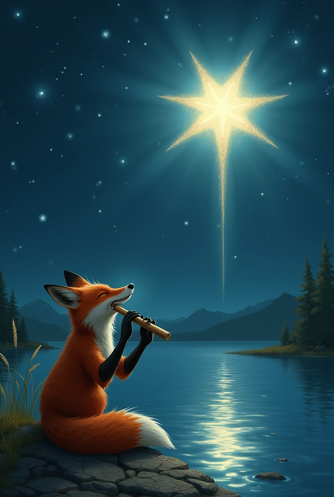 A fox playing his flute making a magical star from the waters of a lake at night