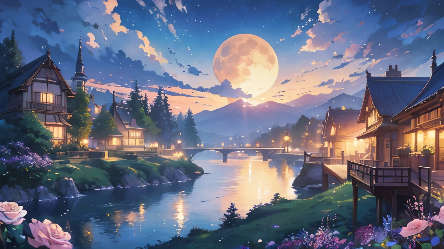 haze, Thomas Kinkade, Aaron Wiesenfeld、Beksinki、Adrian Eversen、Gedimins Plankevicius、Escher, Intricately refined textures, Matte painting details, Deep Color, wonderful, Intricate detailysterious Magic School、Anime scenery コンセプトアート, With a rose motif, Studio Ghibli Anime Style, Studio Ghibli art style, Studio Ghibli Program, Anime scenery, Studio Ghibli art style, Landscape painting, Beautiful Anime scenery, Blooming flowers々、Ultra-fantastical、Night Sky、Beautiful Full Moon、Starlight、Ghibli art style, Makoto Shinkai style, Makoto Shinkai anime, Makoto Shinkai&#39;s art style