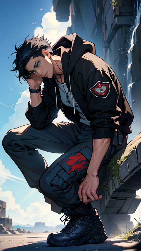  an anime-style male character named Akira Yamada. He has medium-length black hair with streaks of silver that hint at his mysterious nature. His deep blue eyes resemble the ocean at night, and he bears a slight scar on his left cheek. Akira is around 5'10" with a lean, athletic build. He wears a dark hoodie with a high collar, black cargo pants, and combat boots. Around his neck, he has a pendant with an ancient symbol. Akira is portrayed as a loner, quiet and reserved, with an intelligent and strategic demeanor. He has a strong sense of justice, preferring to work from the shadows. The background should reflect his past as a former elite warrior protecting the balance between the human world and the supernatural realm, now a vigilante seeking the truth after a tragic event.