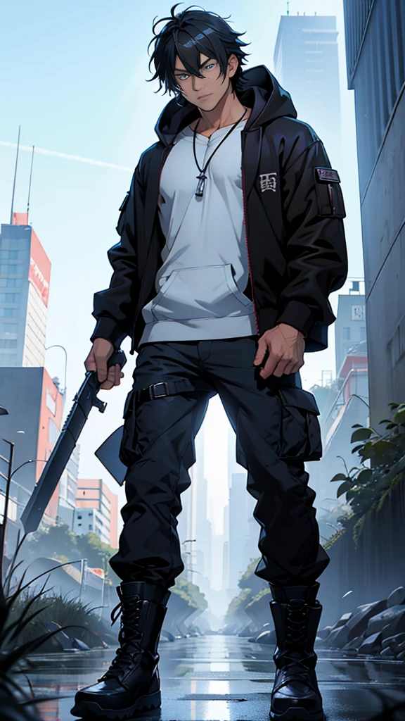  an anime-style male character named Akira Yamada. He has medium-length black hair with streaks of silver that hint at his mysterious nature. His deep blue eyes resemble the ocean at night, and he bears a slight scar on his left cheek. Akira is around 5'10" with a lean, athletic build. He wears a dark hoodie with a high collar, black cargo pants, and combat boots. Around his neck, he has a pendant with an ancient symbol. Akira is portrayed as a loner, quiet and reserved, with an intelligent and strategic demeanor. He has a strong sense of justice, preferring to work from the shadows. The background should reflect his past as a former elite warrior protecting the balance between the human world and the supernatural realm, now a vigilante seeking the truth after a tragic event.