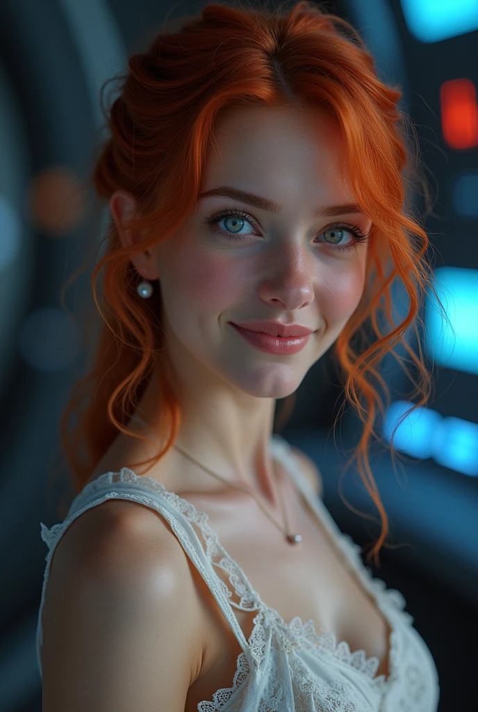 young woman with red, curly hair, blue eyes, dim lighting, wearing star wars simple dress, smiling, futuristic, 