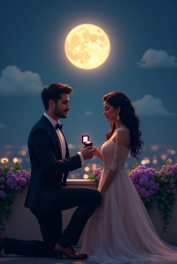 A moonlit rooftop, a gentle breeze carrying the scent of jasmine. A sexy man, dressed in a tailored suit, kneels before his beloved. In his hand, a velvet box gleams. His eyes, filled with adoration, meet hers. As he opens the box, revealing a stunning diamond ring, he whispers, "Will you make me the luckiest man in the world and marry me?"
