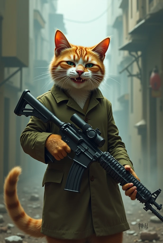Saddam Hussein  Existential crisis cat  holding RPG and smiling.