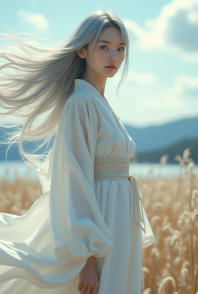 Young white woman in her 20s Defined face with blue eyes Straight silver hair flying in the wind Curtain bangs Wearing a traditional white Japanese dress