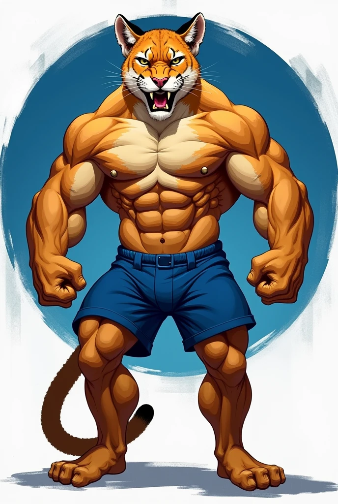 create an illustration of an anthropomorphic and hypertrophied puma, wearing blue shorts, within a yellow circular frame with a blue and white border. The centralized body, facing the front, the flexed muscles, the aggressive face, showing teeth, leave with fur texture, mainly on the face.