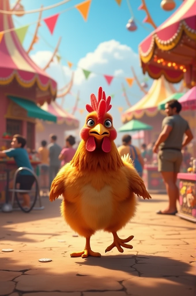 The fair was full of people, colorful swings, and sweet treats; Chandi enjoyed roaming around the fair.
Chandi is walking through a lively fairground, surrounded by people, bright swings, and stalls with candy and treats. The hen looks curious and happy.