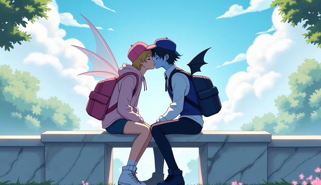Two male teenagers they are sitting on a marble bench and are kissing the boy on the left has blond hair fair skin is wearing a pink cap a pink jacket a pink backpack with fairy wings on it blue pants and black shoes the boy on the right has blue skin has black hair is wearing a dark blue cap a white dress shirt with dark blue vest black pants dark blue shoes and is wearing a dark blue backpack with bat wings they are sitting and kissing the place they are in is a park in the clouds the image has to be in anime