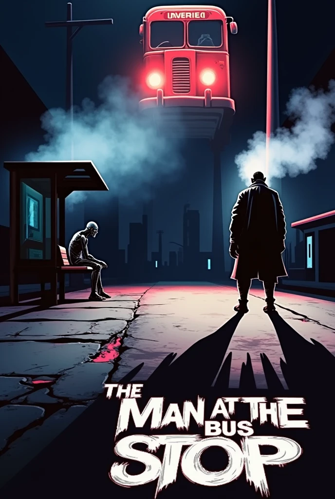 Create an 80s horror movie poster style artwork for the book with the following synopsis: "**Synopsis of "The Man at the Bus Stop"**
On a cold July night in 1983, Luciano Antunes, the grumpy owner of the only bar in Bom Paraíso, ends another day of work. When leaving, he comes across a strange figure sitting at the bus stop in front of the bar. The man, completely naked and motionless, attracts Antunes' suspicious gaze, than, against your better judgment, decide to help.
When approaching, Antunes percebe than o velho é diferente de qualthanr outro bêbado than já lidou. Over time, the encounter takes on increasingly disturbing contours. The man misterioso, aparentemente alheio ao frio than gela os ossos, begins to reveal secrets about Antunes' past, despertando memórias than ele havia enterrado profundamente.
As the conversation progresses, the old man makes Antunes confront his regrets and life choices, sugerindo than ele ainda pode moldar um futuro diferente — desde than não seja tarde demais. When a red bus appears out of nowhere, bringing with it a supernatural aura, o desfecho dathanla noite se revela ainda mais sinistro e inevitável.
At the bus stop, between the border of the real and the supernatural, Antunes descobre than a jornada para o desconhecido está apenas começando. "The Man at the Bus Stop" é uma história than explora a culpa, regret and the consequences of bad choices, culminating in a disturbing encounter with inescapable destiny."