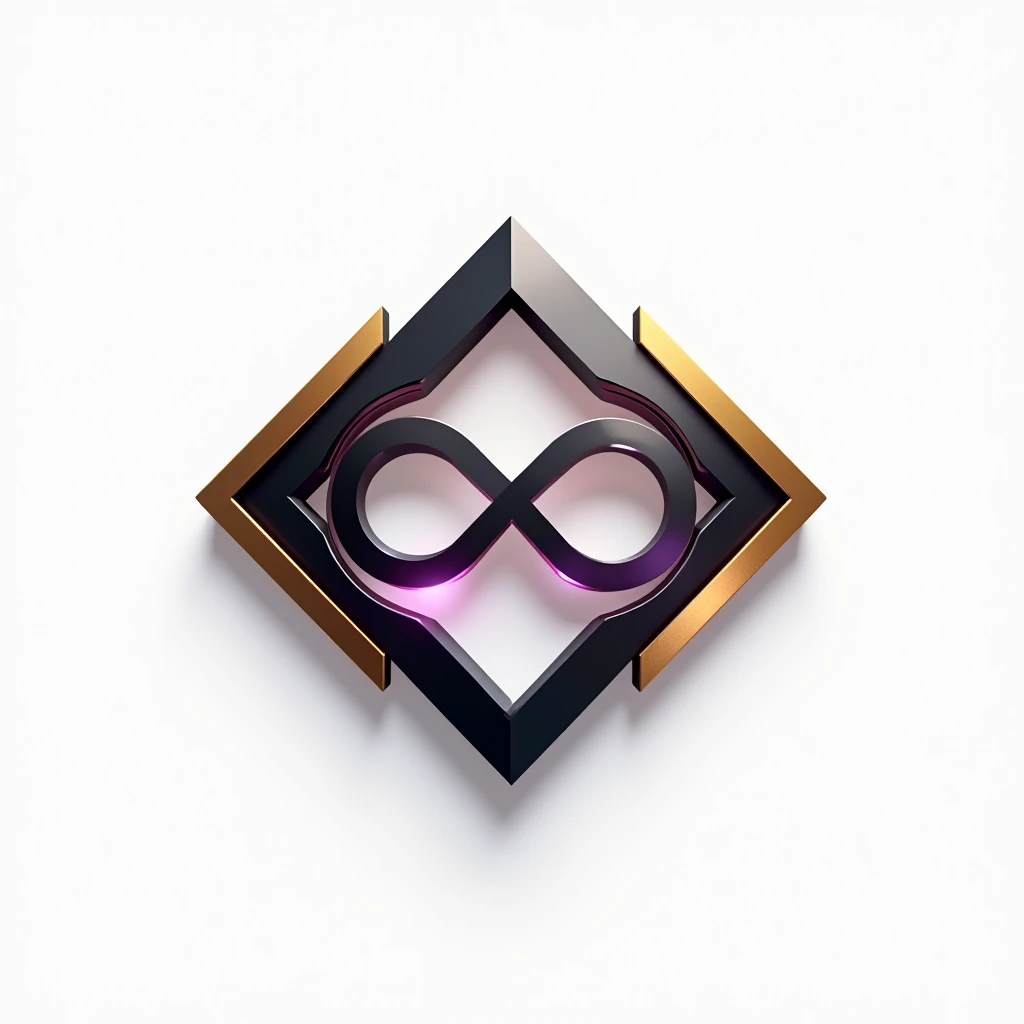 A logo for technology companies, with a futuristic diamond in metal theme with black colors, gold and purple, plain white background. Mixing the 8 of infinity.