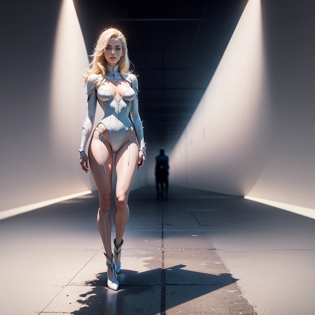 Emma Frost from Marvel, frontal, full length, looking at the camera, facing the audience, Standing pose, simple background, 3D light, detailed full body concept, elegant digital concept art, Beautiful Full Body Concept Art, artistic direction, CGsociety full length,