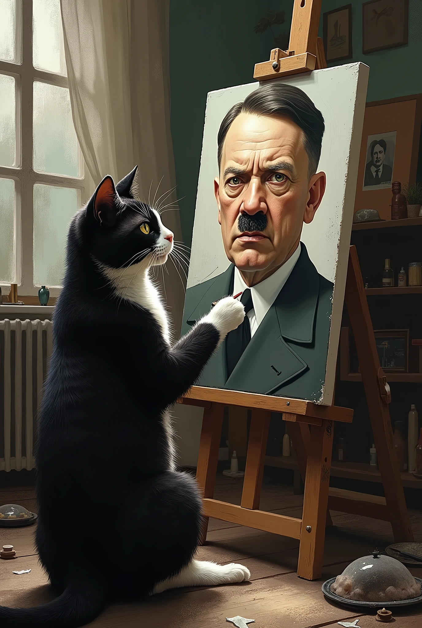 Existential crisis cat painting a picture of adolf hitler