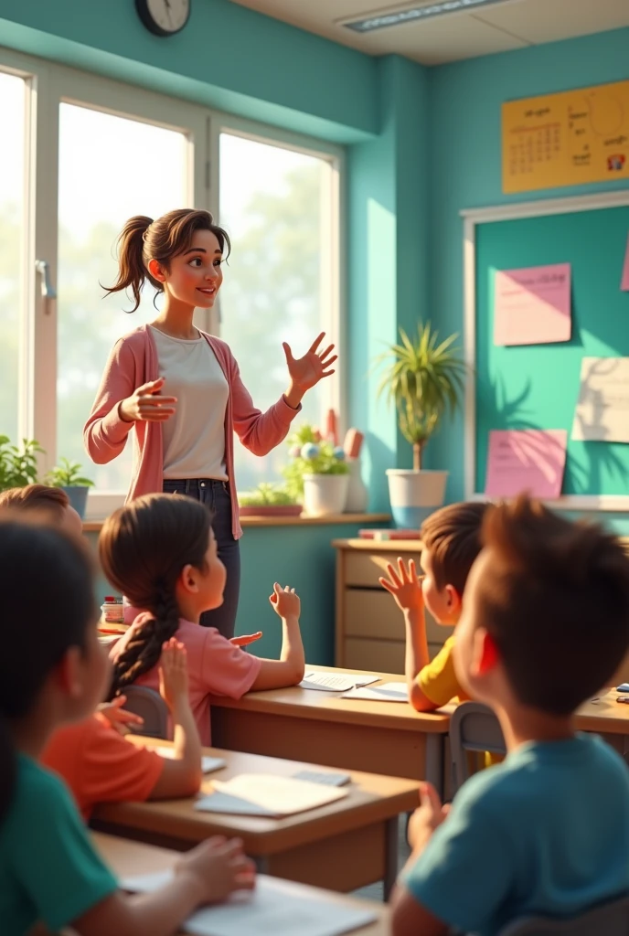 A teacher teaching in an interactive way with all his students wanting to participate