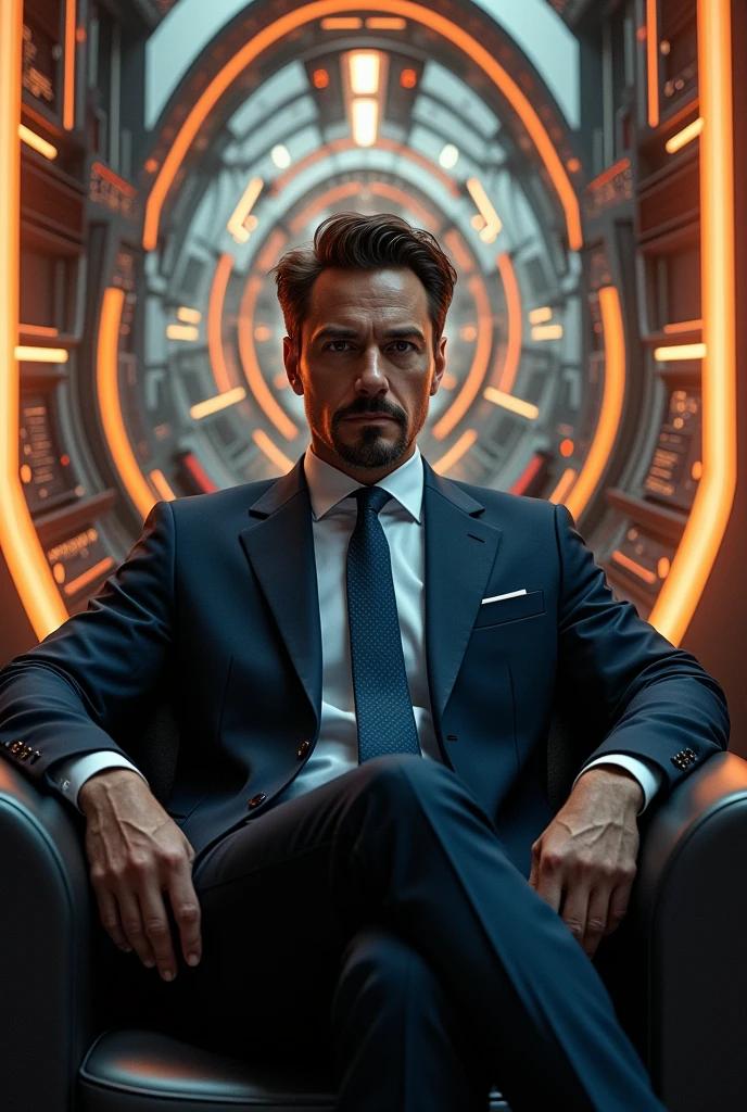 There is a man sitting in a chair in front of a wall with graphics, wearing a strict business suit, Arte conceptual de Tony Stark, expert concept art in high detail, promotional art, Cinematic digital painting, 4k realistic digital art, awesome digital illustration, 4k realistic digital art, photorealistic cinematic rendering, very detailed vfx portrait of, professional concept art