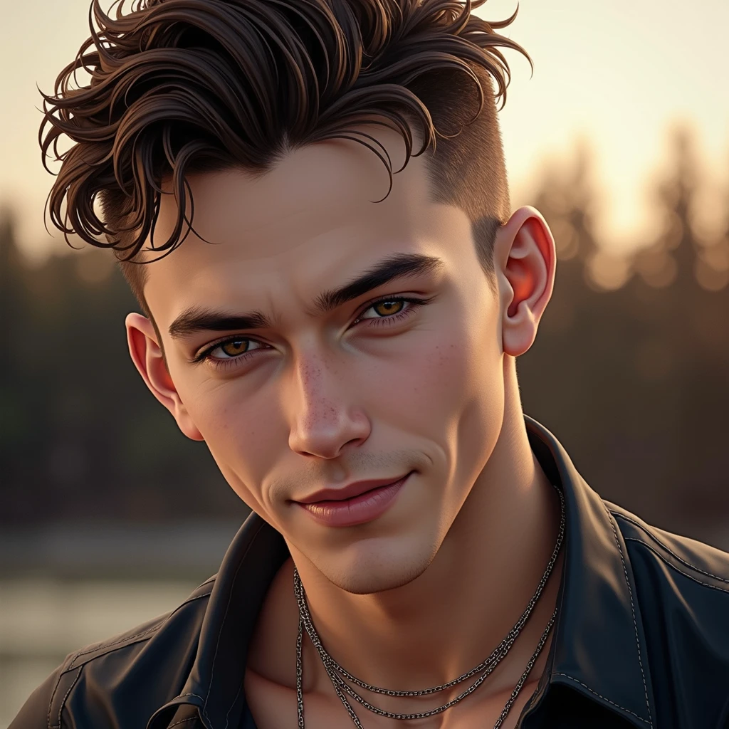 Sexy young guy, brown hair, seductive smile, shirtless, excellent physique, with necklace, seductive look, half naked sun t-shirt, naked, leaning on a table, half naked
