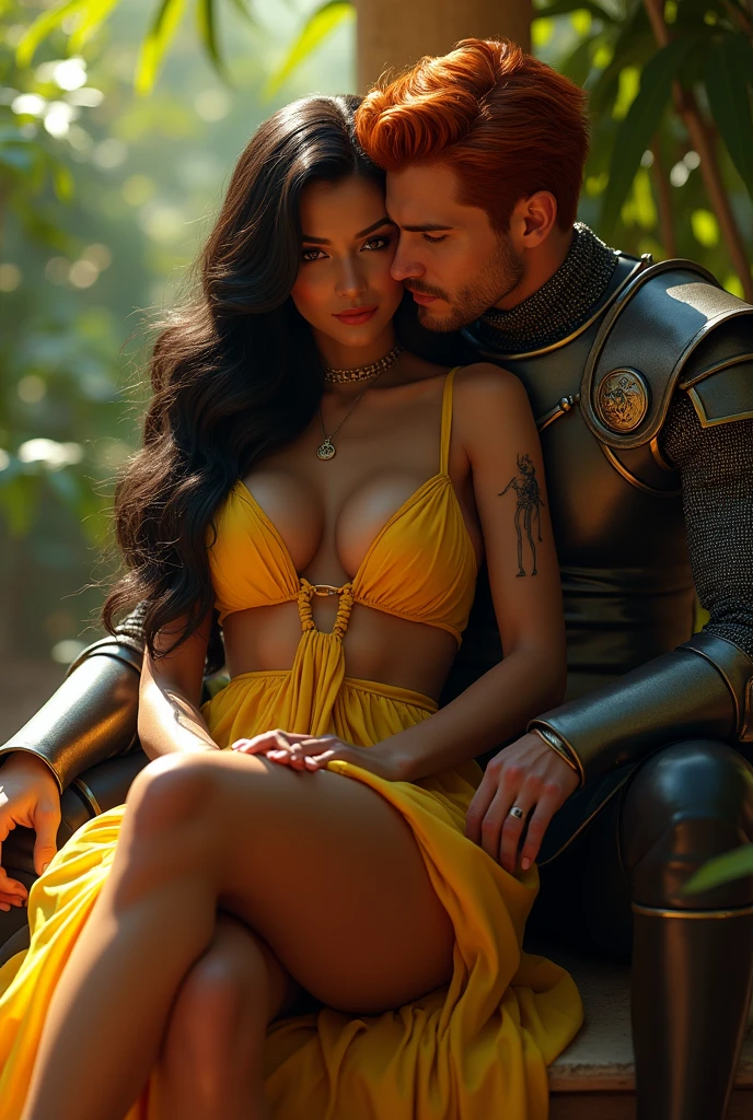 A provocative Brazilian woman, exuberante, dark skin and thick lips. Dark brown eyes and long straight black hair. Yellow flowy short dress, sitting with her legs open on the lap of a red-haired man, Jannik Sinner&#39;s hair, 1,80 tall, Body cute, dressed in a knight&#39;s outfit. 