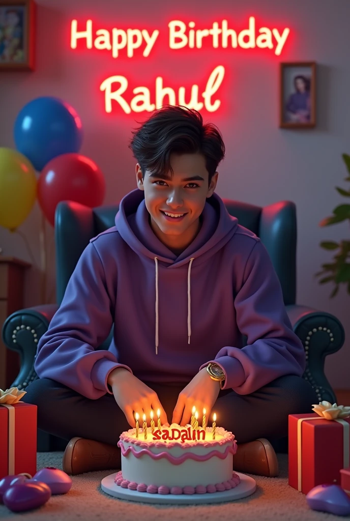 Create a realistic a profile picture where a 20 year old Boy is cutting his birthday cake facing forward in smiling face, purple hoodie, Sitting casually on a Wingback Chair There are giftsIying on the ground along both sides of the chair. and the cake is lying in front of table, my username "SADAIN" written on the cake with Red Color, in my background HAPPY BIRTHDAY RAHUL written with Red Colors, with balloons in different colors attached on the white wall,