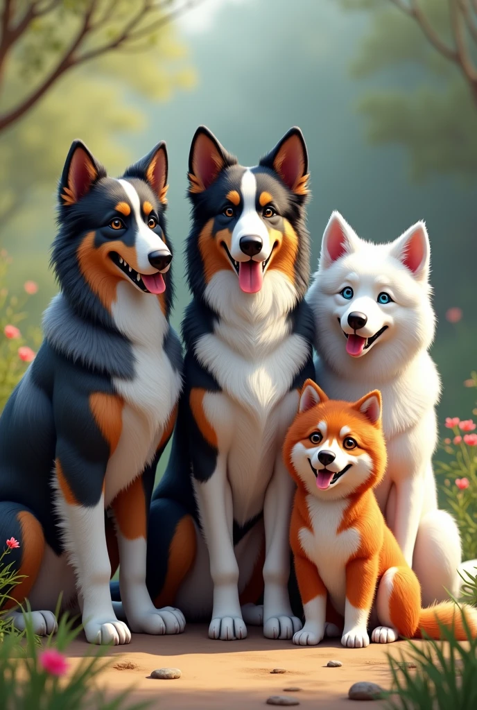 Blue Merle Australian Shepherd, black tricolor, tricolor red, a white swiss shepherd and a huksy