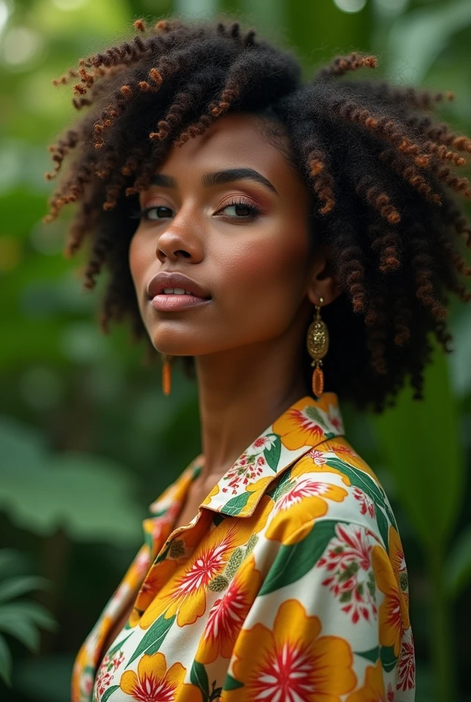 A Brazilian woman in a lush tropical garden, wearing an open shirt with a floral print, with a close-up capturing the harmonious beauty between her breasts and the natural flowers, showing off your natural charm and outgoing personality.