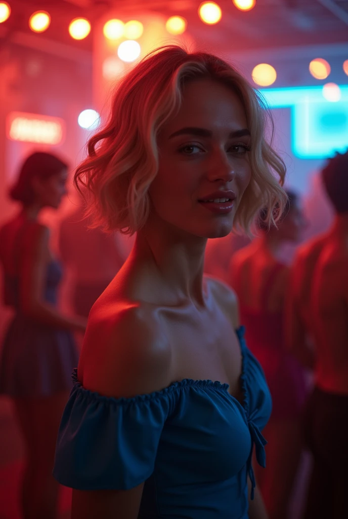 work of art, best qualityer, extremely detaild, hyper realist, photorrealistic, a beautiful French model from the 20s,hair blonde, in the club:1.2, nightclub light:1.1, , music club, People dancing in the background of the dance floor, Underground Disco, blue off the shoulder top:1.2, Face ultra detailed, bob cut, pale skin, busty breasts, giggling, closed eye, dynamic pose