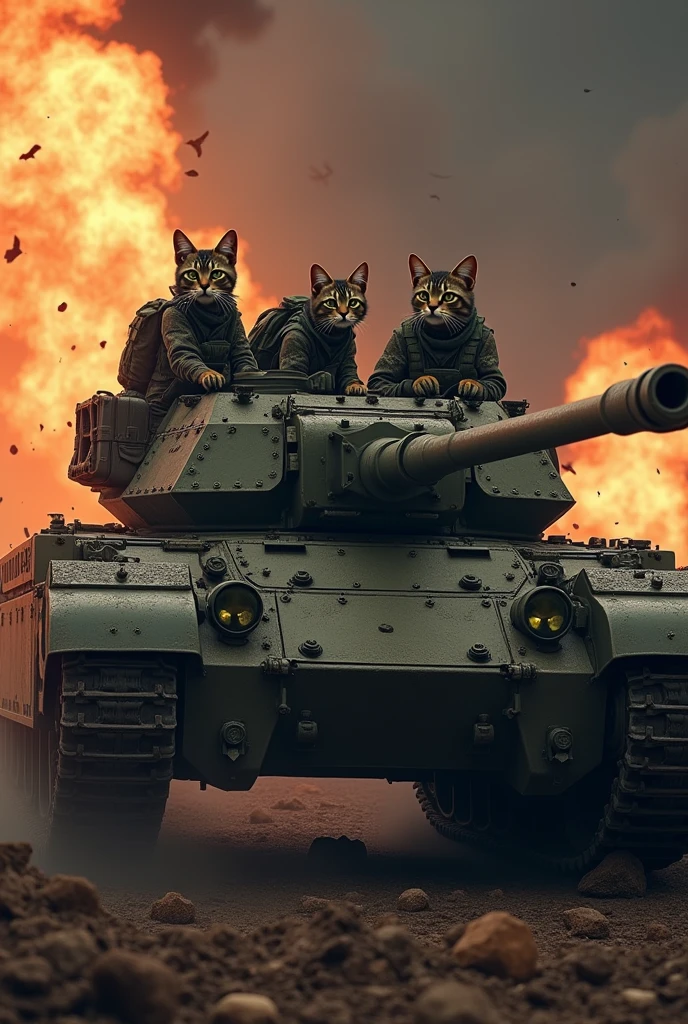 Cat soldiers in uniform  with Helmet and sunglasses steering a tank, dark and fire background 